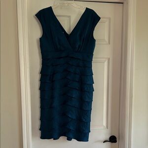 London Times Teal Layered Midi Dress